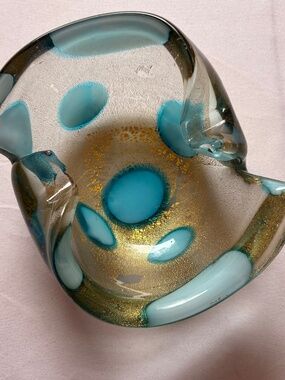 Vtg Murano Style Art Glass Trifold Ashtray Turquoise Gold Aventurine 19550's